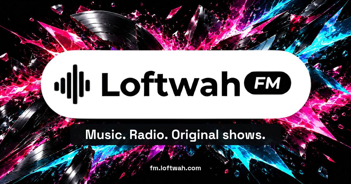LoftwahFM’s official waveform logo and wordmark over a black vinyl burst with hot-pink and cyan highlights.