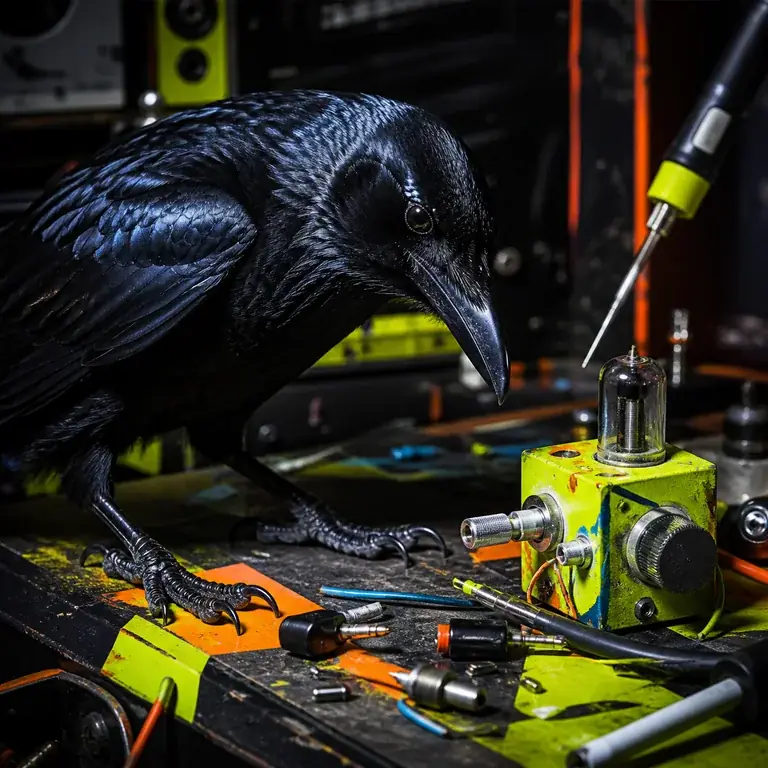 Stylised crow representing Pax Rivet testing an experimental tool rig