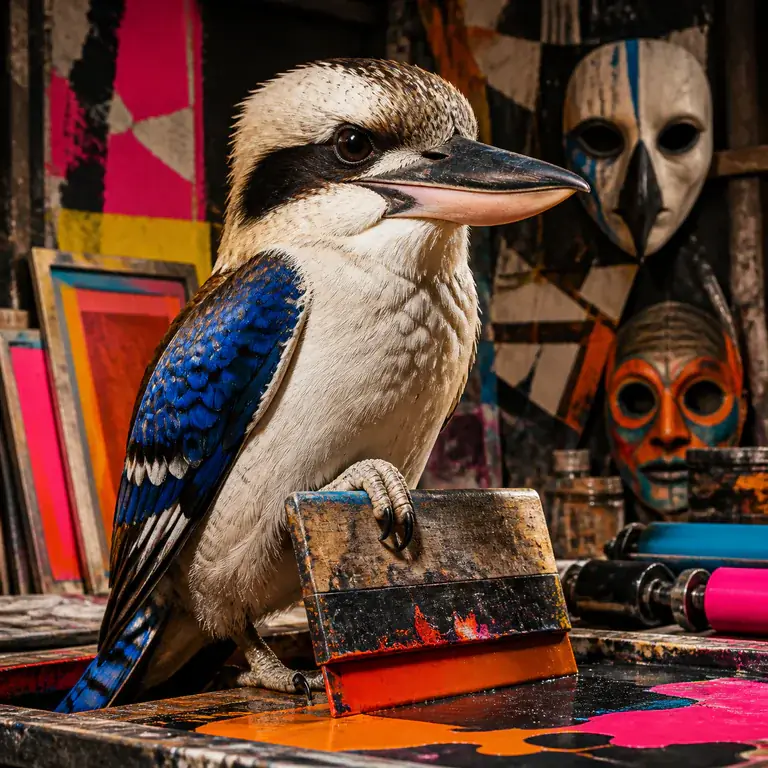 Stylised kookaburra representing Sable Koa in the cover-art workshop