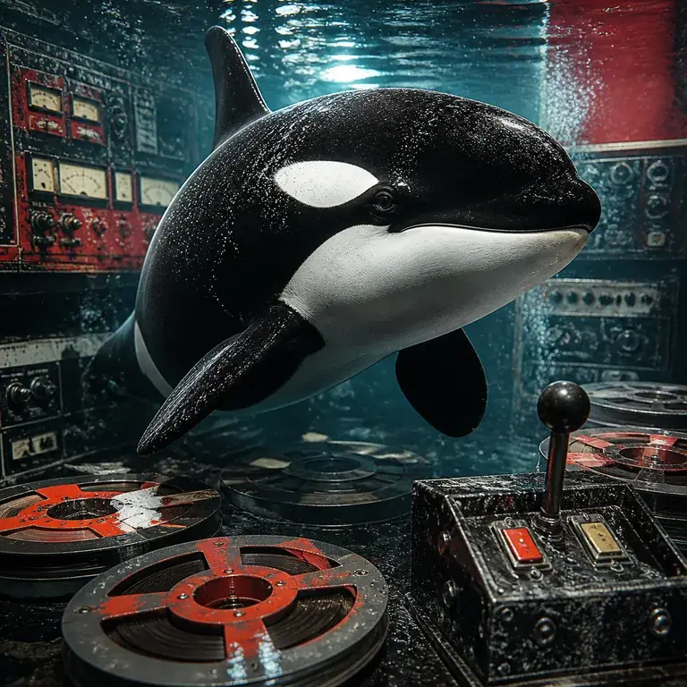 Stylised orca representing Mara Kincaid at the broadcast control desk